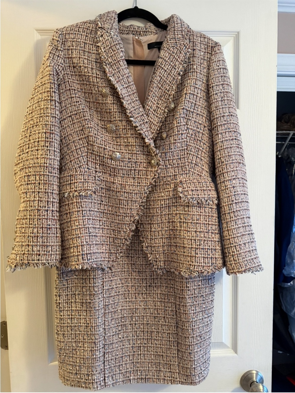 White House Black Market Pink Cream Tweed Jacket & Skirt Set